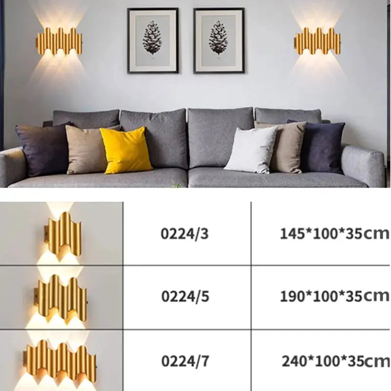 Pair of aluminum golden LED wall lights with a ribbed design on a living room wall.