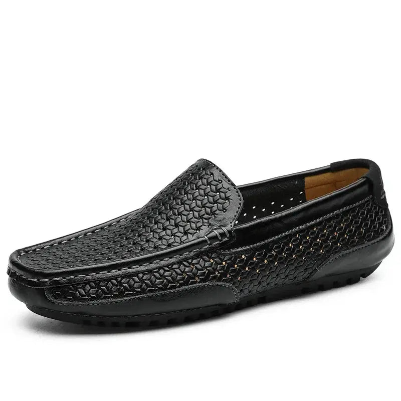 Men's black leather loafers with a woven hollow-out upper, slip-on driving moccasins.