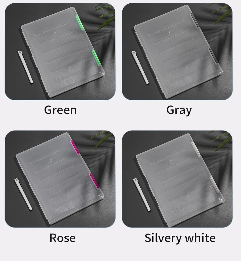 Transparent A4 PP file box with multi-layer design, four color options: Green, Gray, Rose, Silvery White.