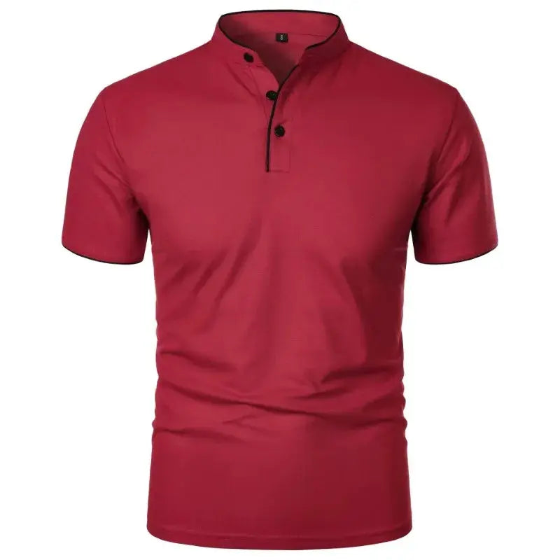 Men's red short-sleeve polo shirt with collar and button placket; solid casual top.