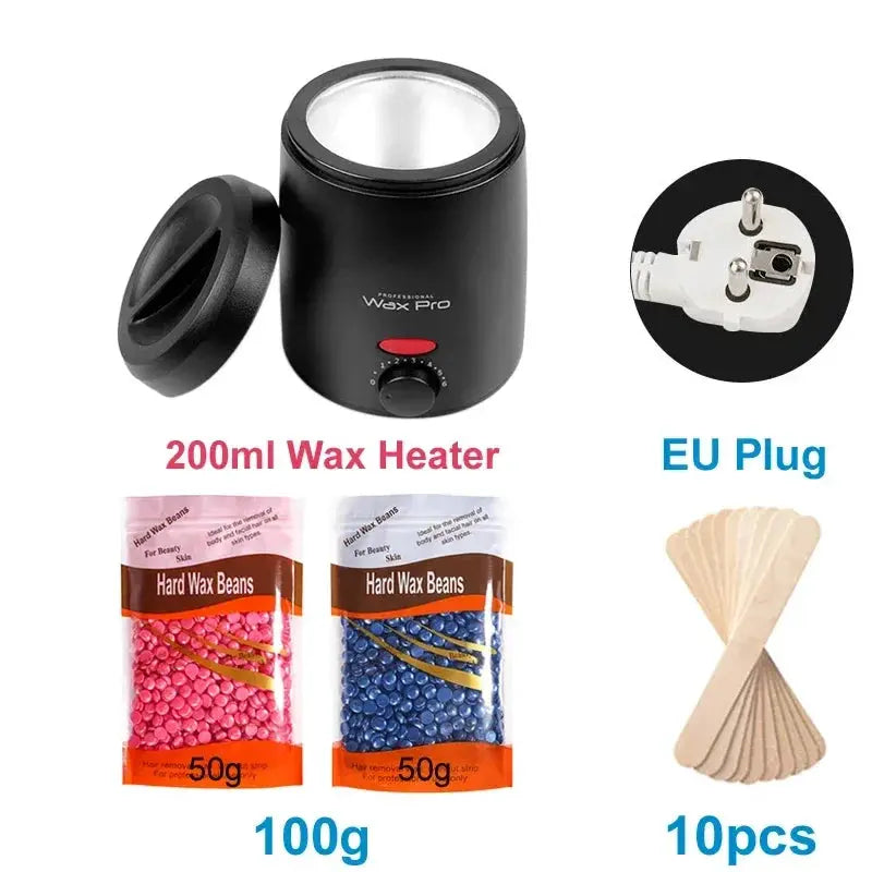 Wax heater 200ml by Simples Market with EU plug; includes two 50g hard wax beads (pink/blue) and 10 spatulas
