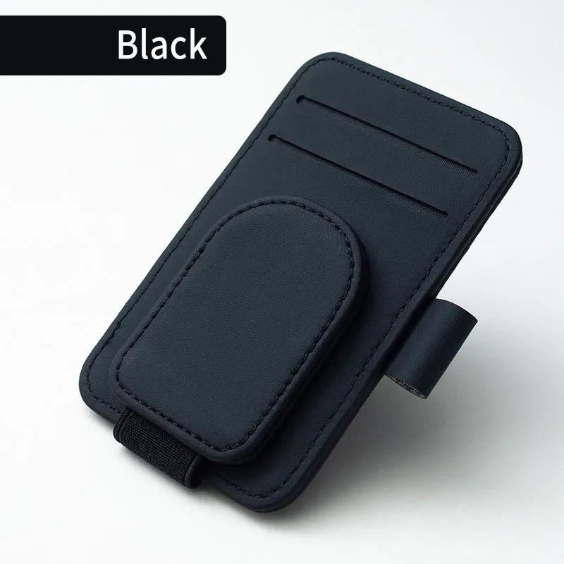JFBONIN leather car sun visor sunglasses holder with magnetic clip, two card slots and pen holder in black.