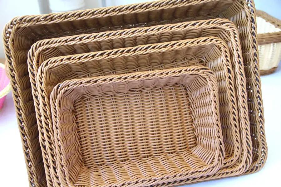 Rectangular hand-woven imitation rattan storage baskets, natural brown, set of 4.