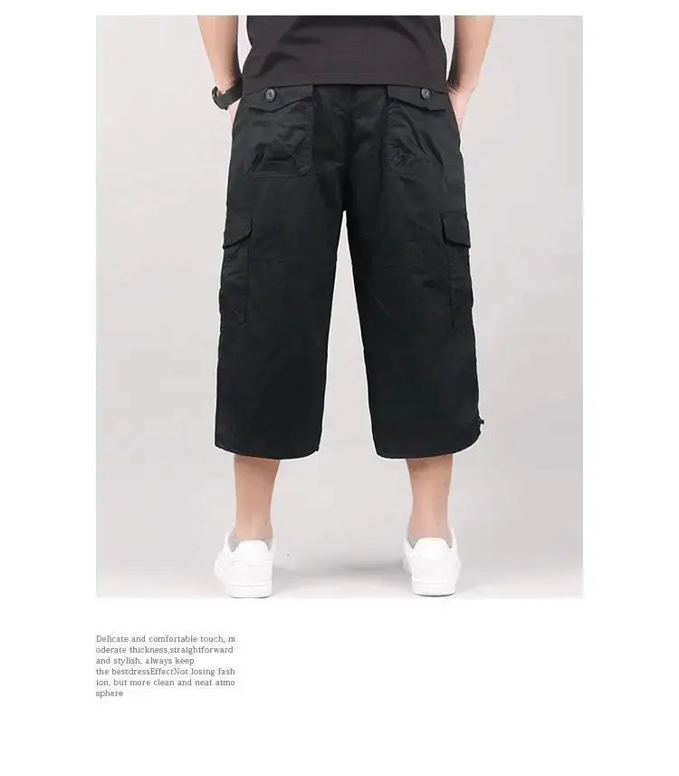 Men's cargo shorts, black knee-length with multiple pockets and elastic waist, large size