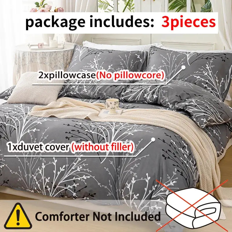 Simples Market 3-piece leaf floral pattern gray duvet cover set with 2 pillowcases.