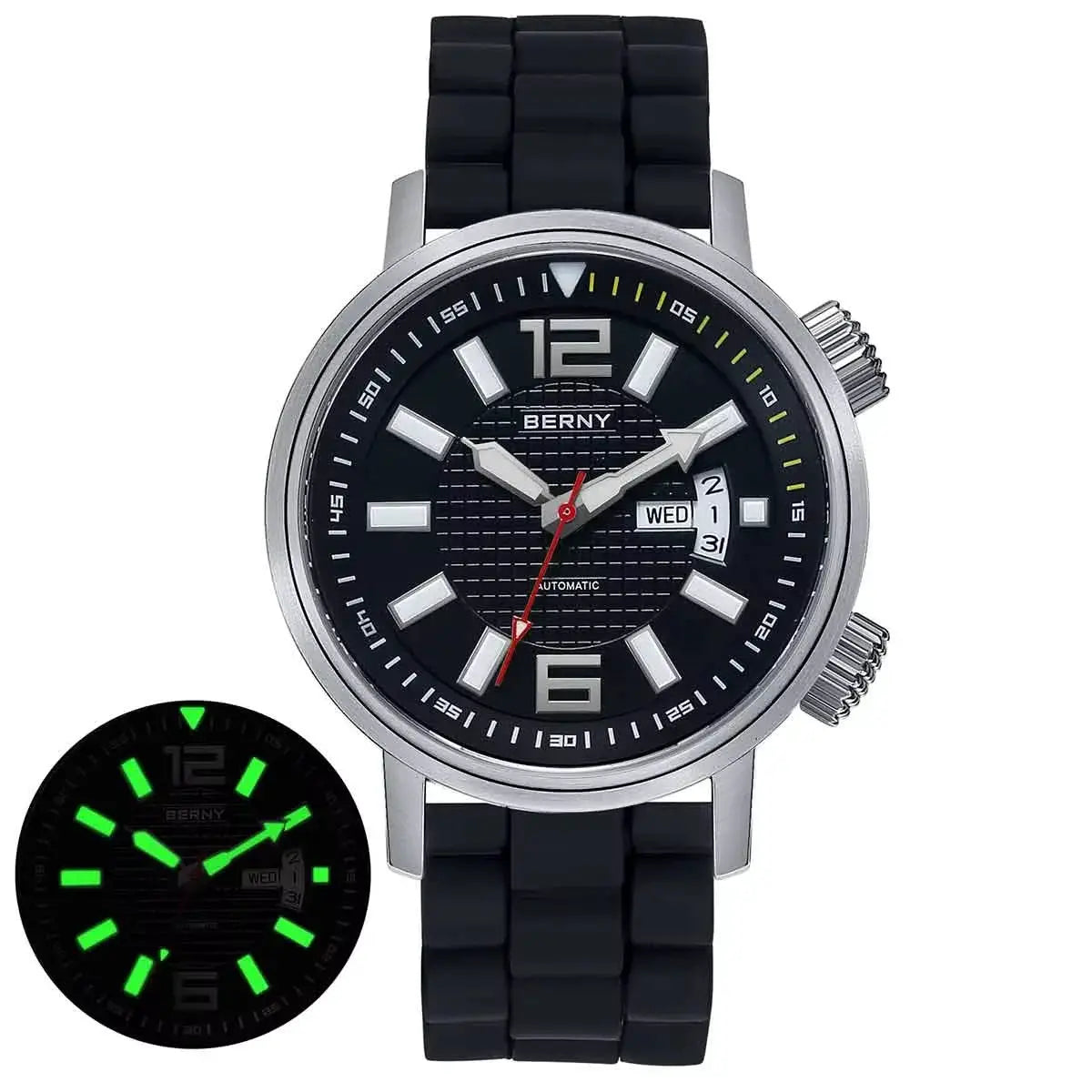 BERNY men's automatic diver watch, black dial, luminous markers, stainless steel case, black strap, 20ATM