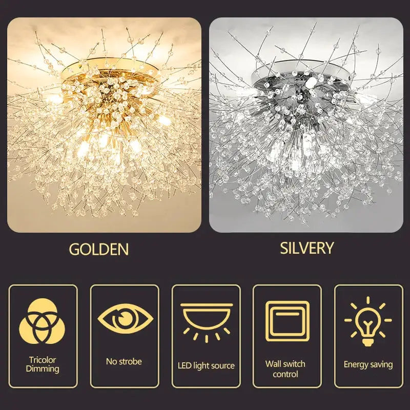 IRALAN crystal LED ceiling lamp in gold and silver finishes with 3-color changing light