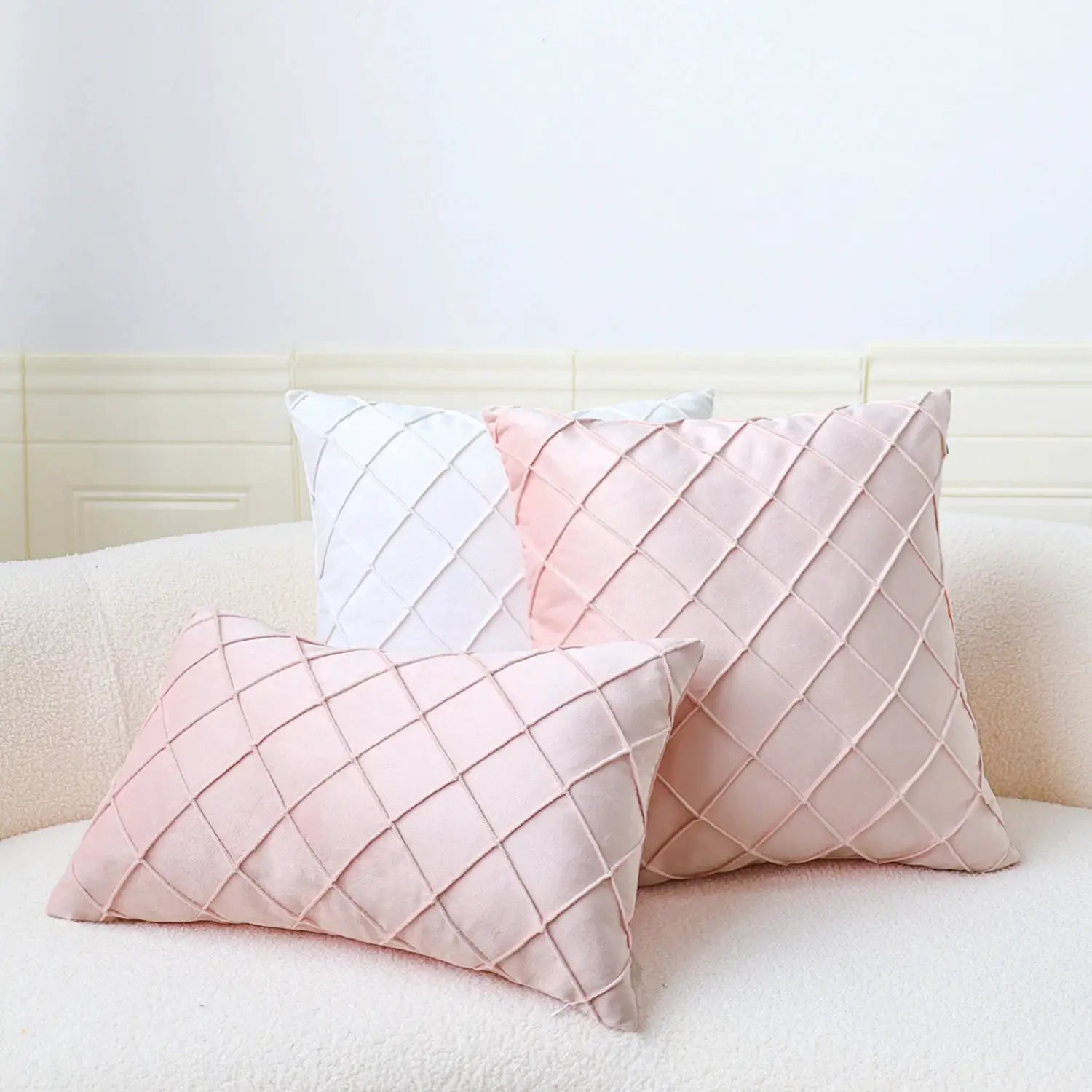 Geometric velvet cushion covers; pastel pink pillows with white diamond lattice, 3-pack, 45x45cm for sofa