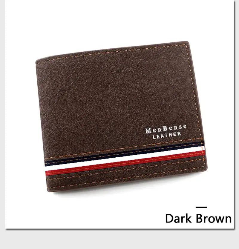 Men's leather wallet in dark brown with a tri-color stripe by MenBense Leather