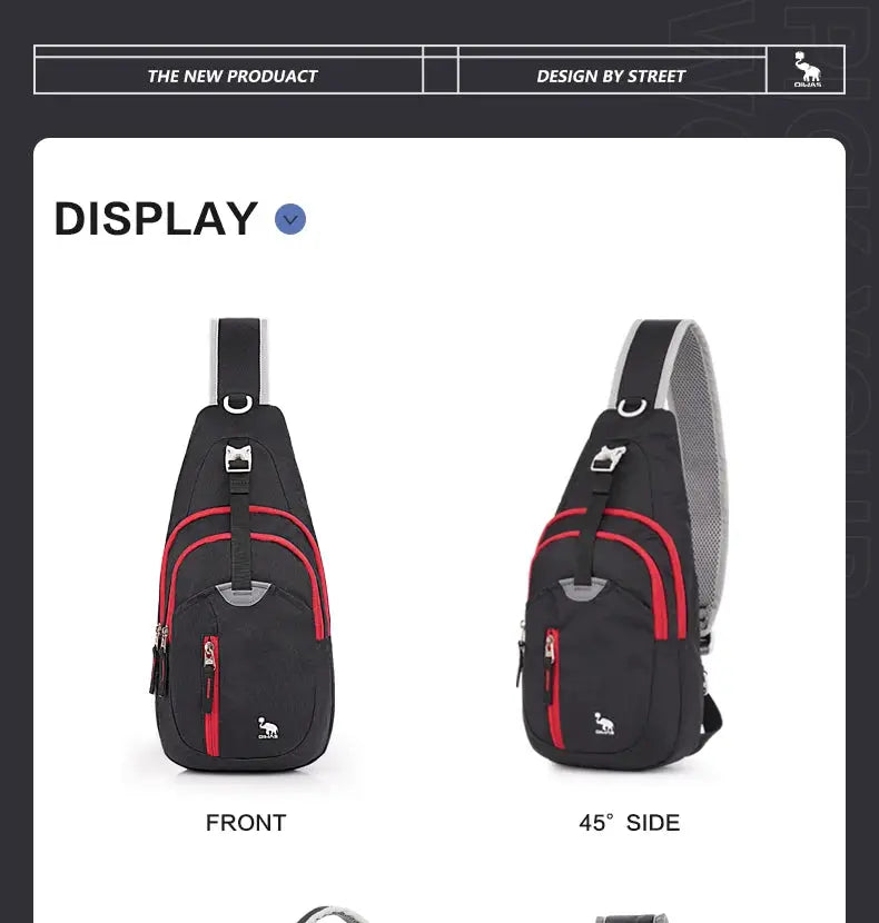 OIWAS casual crossbody sling bag for men, black with red zippers and single strap; front and 45-degree side views.