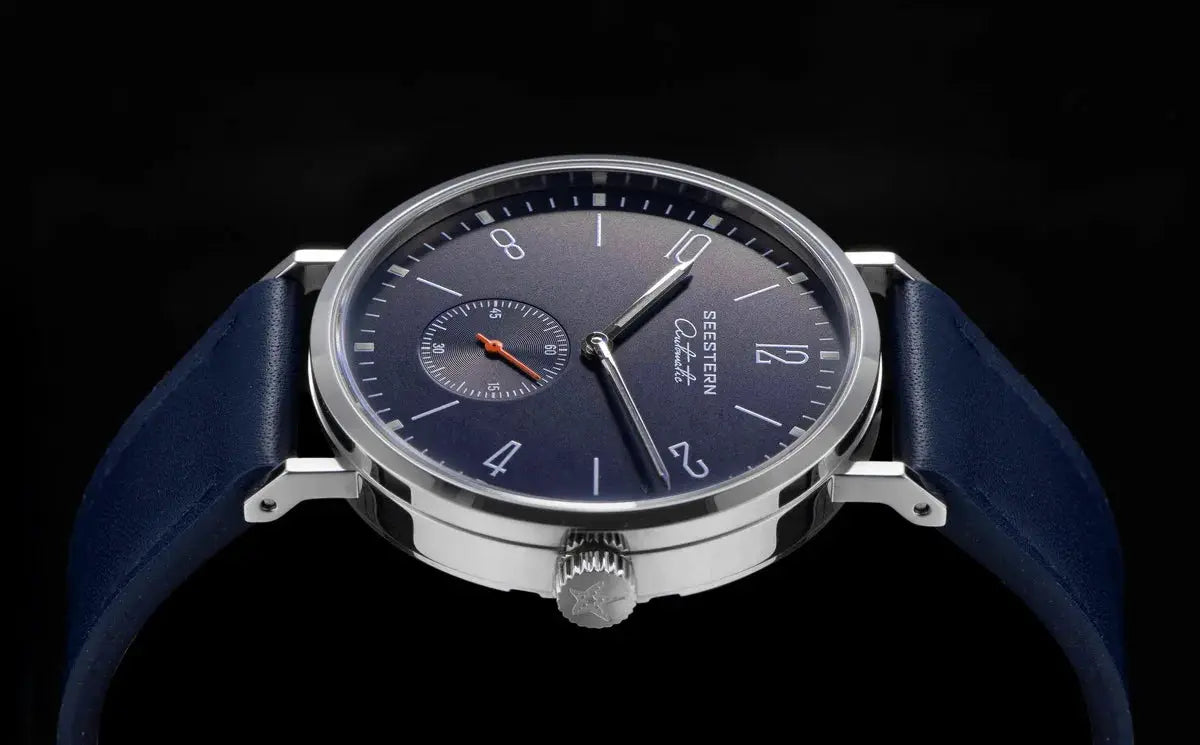 SEESTERN men's automatic wristwatch with blue dial, blue leather strap, stainless steel case, date window and subdial