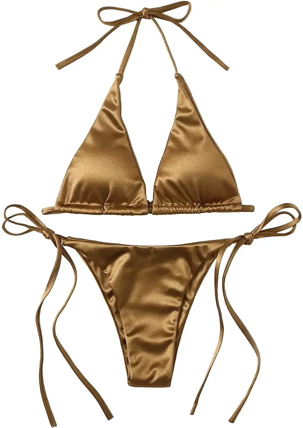Two-piece bikini in metallic satin bronze-gold with halter top and string-tie bottoms