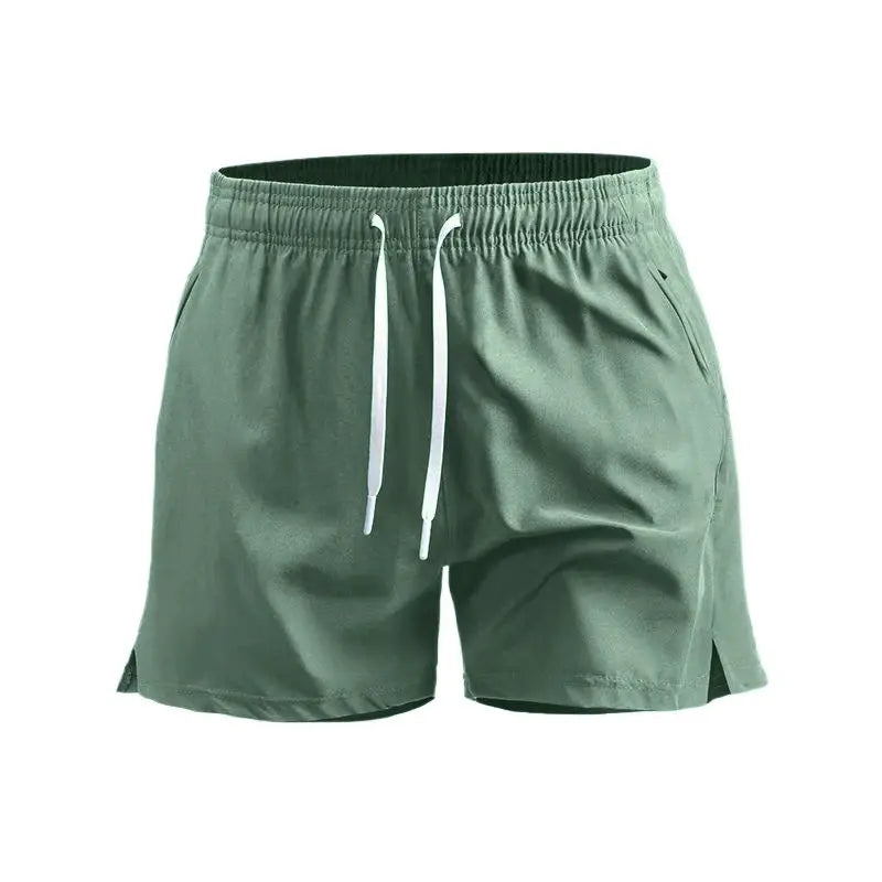 Simples Market summer men's sport shorts, green quick-dry fabric with white drawstring and side pockets.