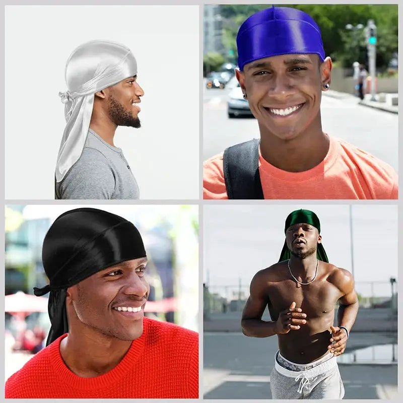 3 Pack Mens Silky Satin Durag Long Tail Pirate Hat Wave Cap Unisex Wig Cap Turban Bonnet Set
