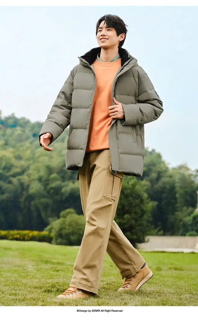 Semir Down Jacket Men hooded mid-length olive green puffer coat with thick insulation