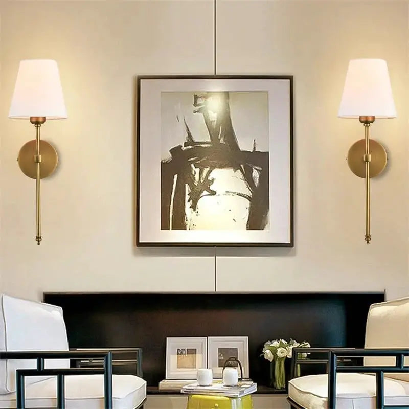 Pair of Modern American wall lamps with brass finish and white cloth shades, wall-mounted sconces