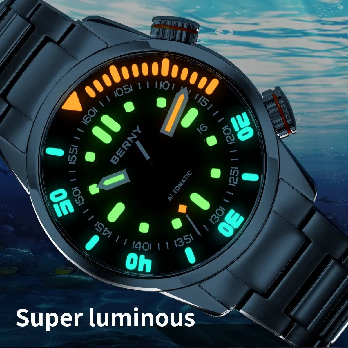 BERNY automatic dive watch for men with super luminous green dial and stainless steel bracelet