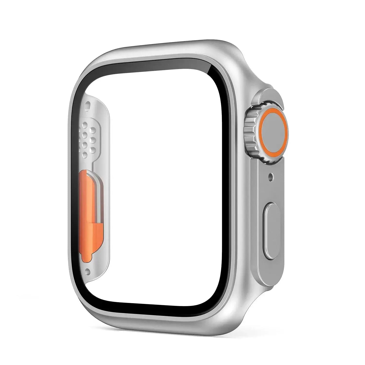 Simples Market Glass+Case for Apple Watch bumper with screen protector, silver frame and orange crown accent
