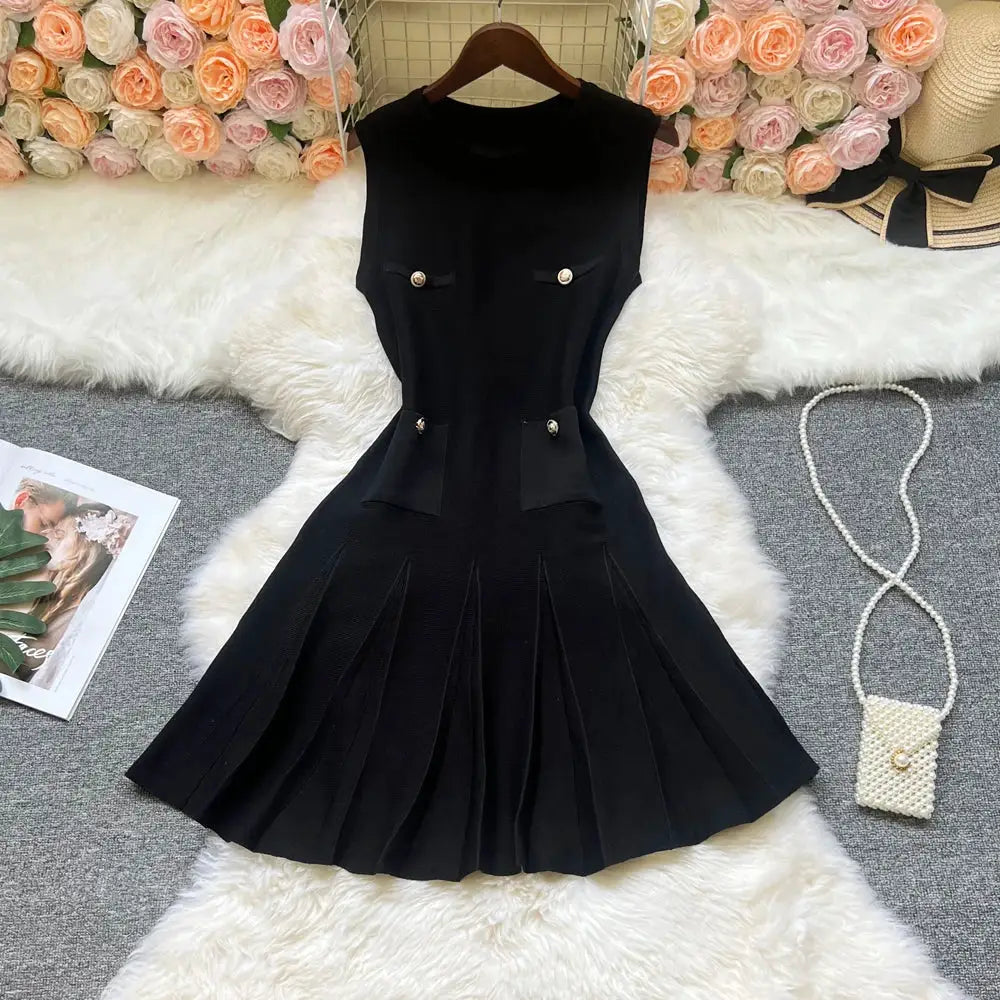 YuooMuoo Chic Pleated Short Dress Women O Neck Slim Waist Party Dress
