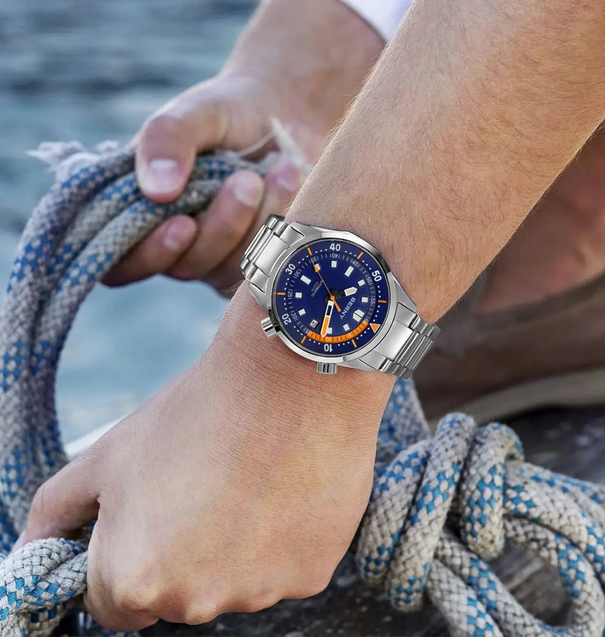 BERNY men's blue dial dive watch with stainless steel bracelet, orange accents, 200m water resistant