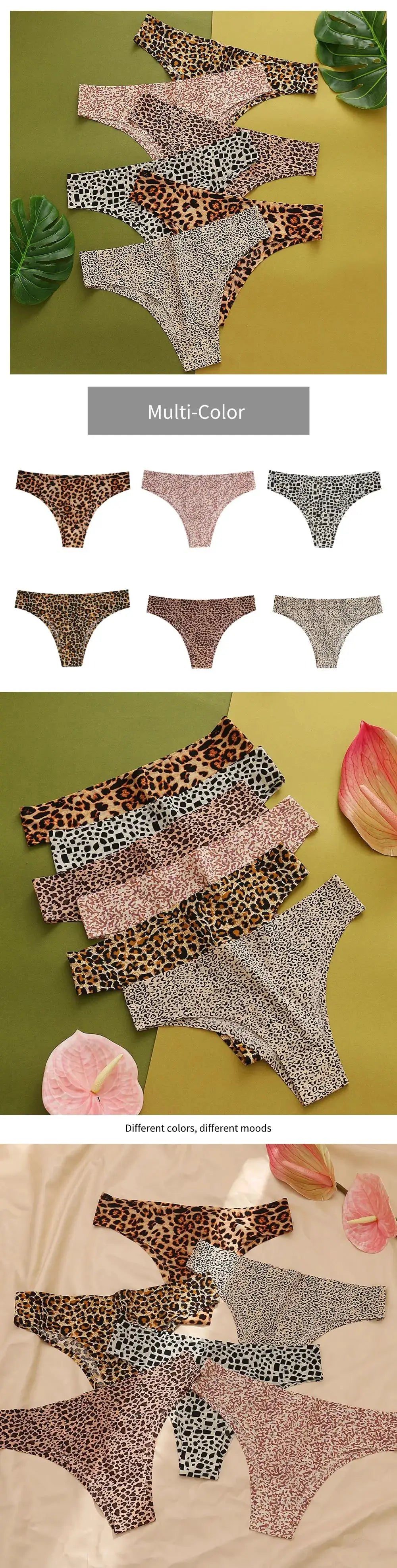 Leopard thong set WarmSteps by Simples Market, 3-piece ice silk seamless underwear for women
