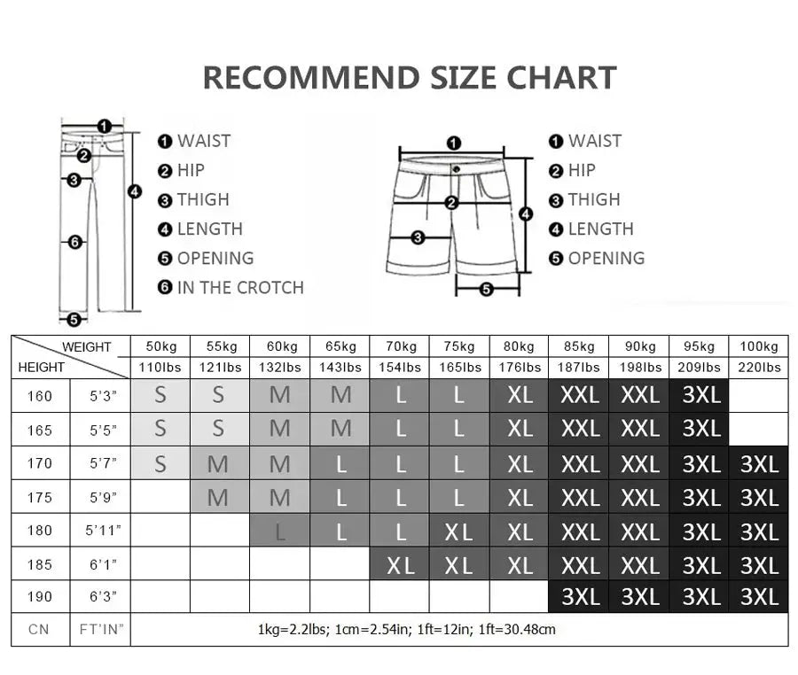 Men's compression pants size chart showing waist, hip, thigh and length measurements and size grid