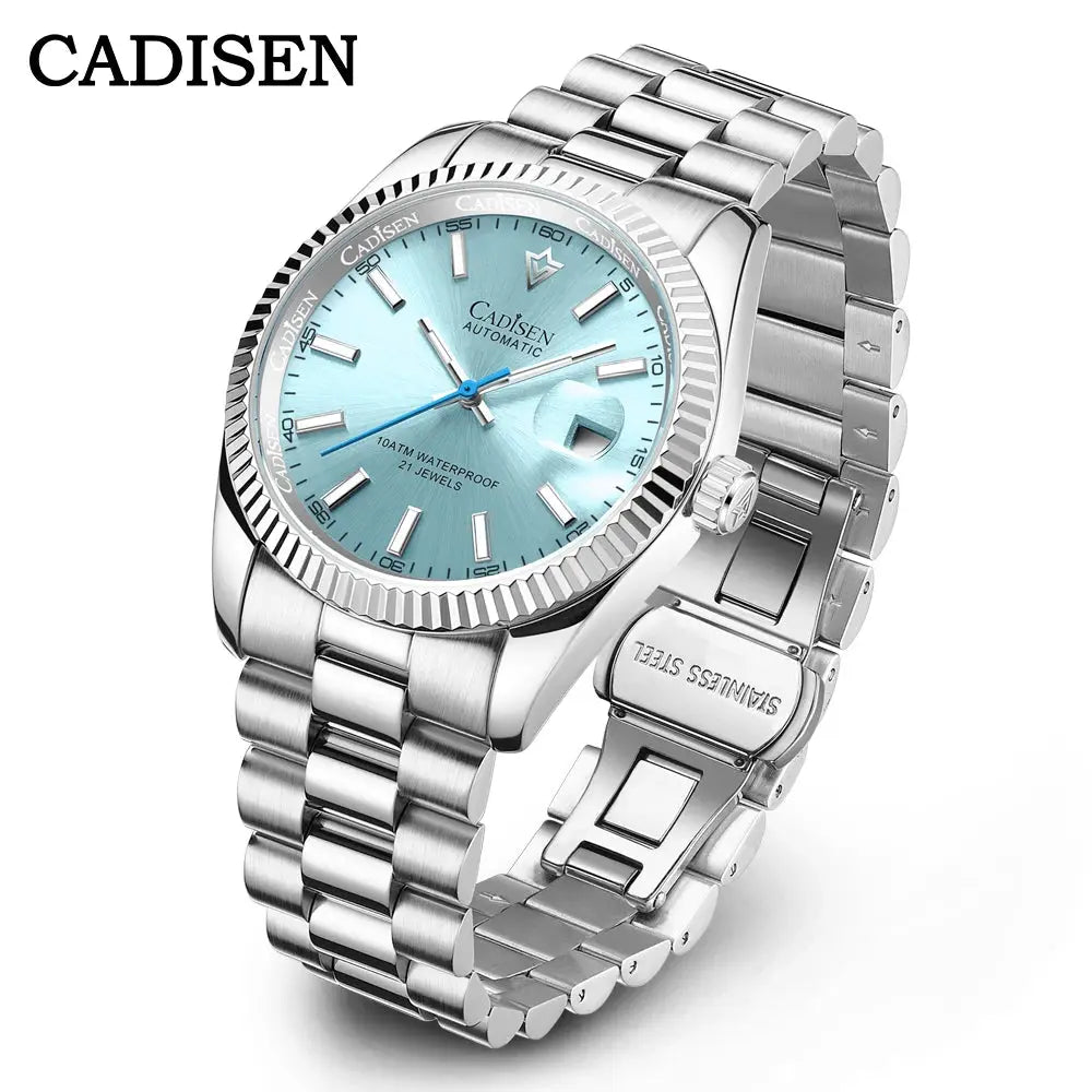 CADISEN automatic stainless steel watch with blue dial and polished bracelet