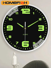 8-inch luminous wall clock with black dial, neon green numbers and hands, silent quartz movement, Simples Market.