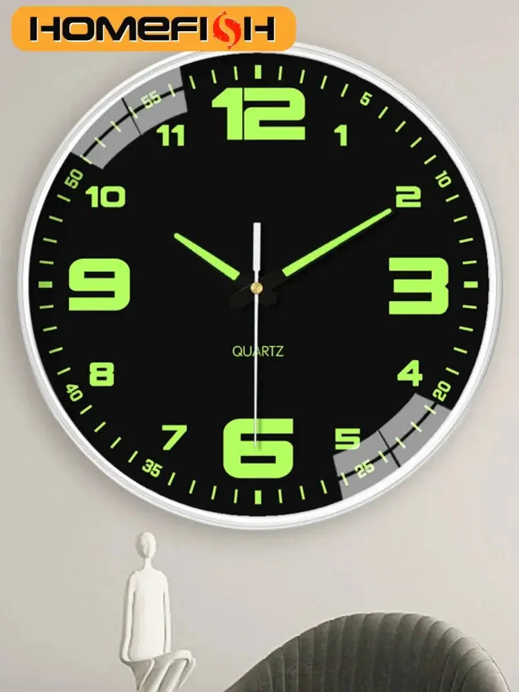 8-inch luminous wall clock with black dial, neon green numbers and hands, silent quartz movement, Simples Market.