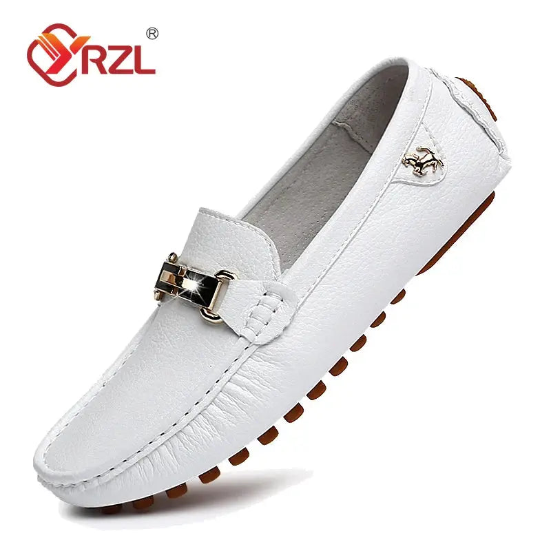 YRZL white PU leather men's loafer slip-on with gold buckle
