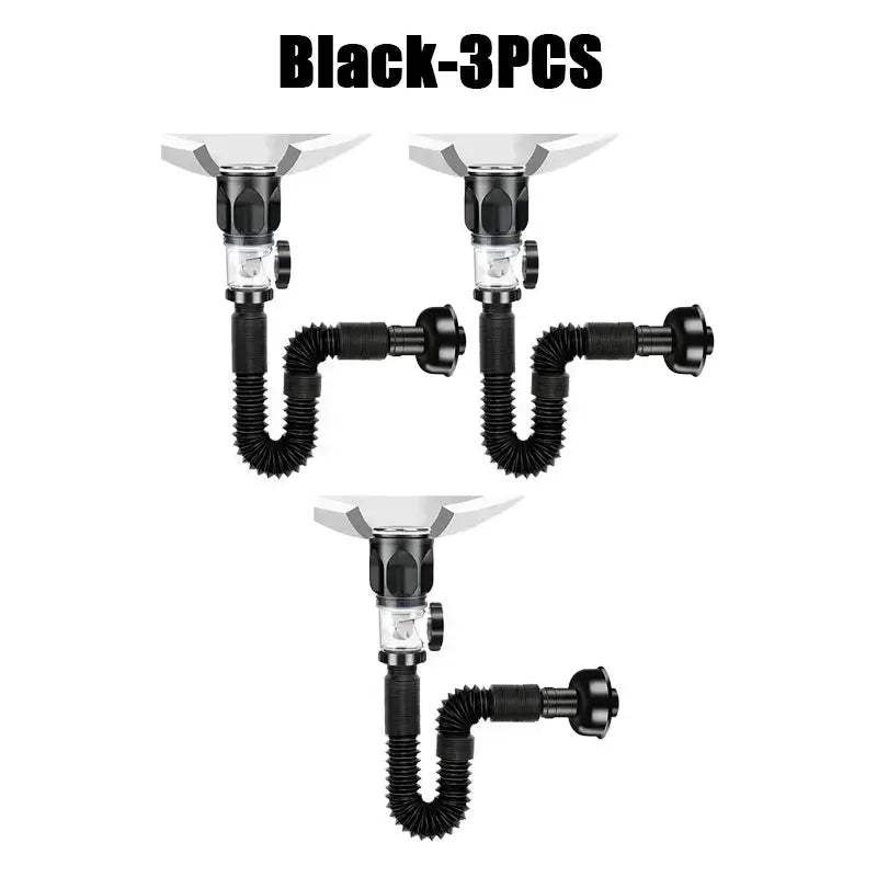 Black 3-piece kitchen sink drain hose kit with odor isolation and flexible corrugated hoses