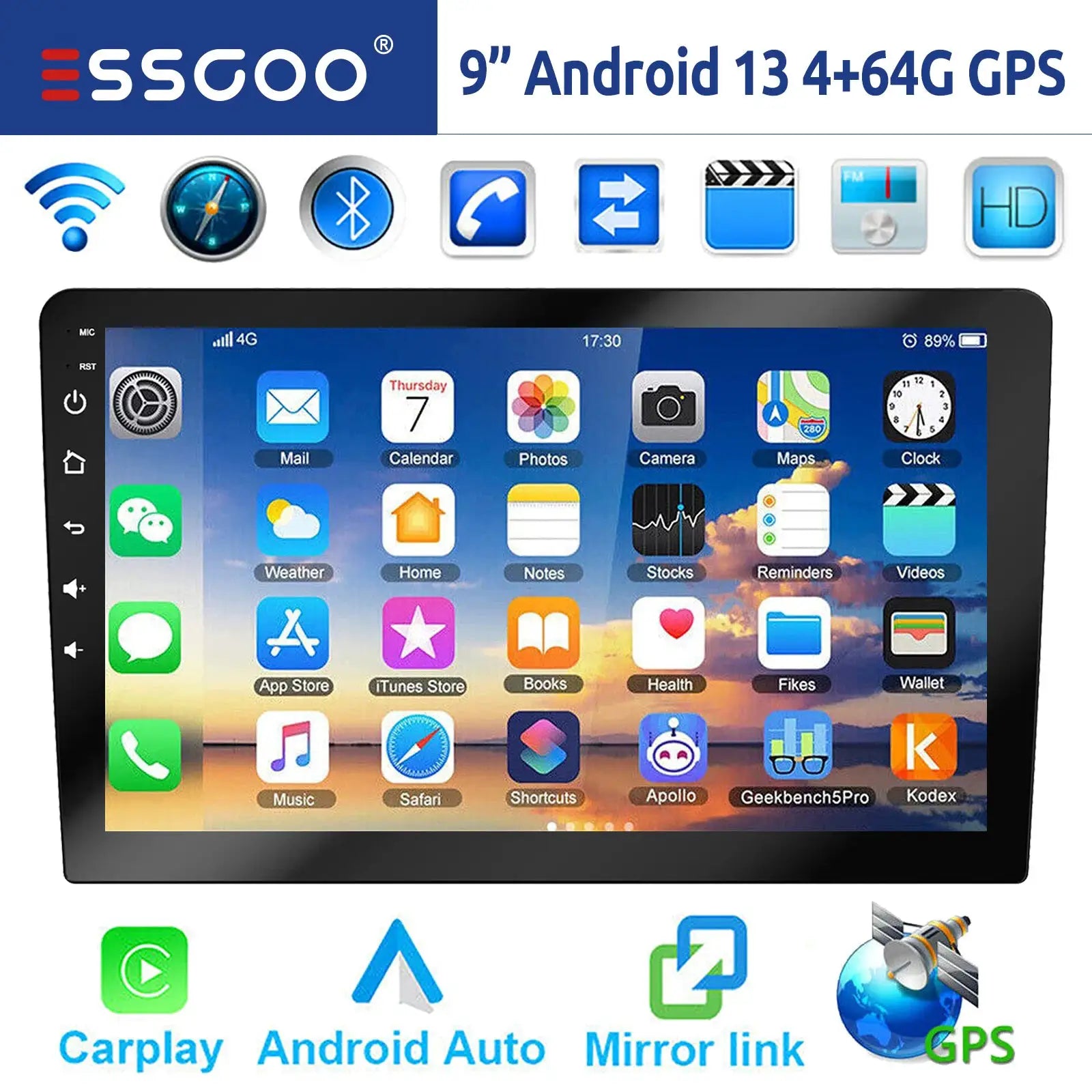 ESSGOO 9-inch black Android car stereo head unit with CarPlay Android Auto GPS Bluetooth WIFI
