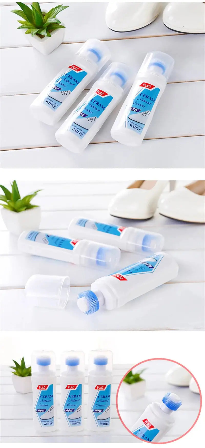 White shoe cleaner bottles by Simples Market with blue labels and sponge brushes (3-pack) for leather sneakers.