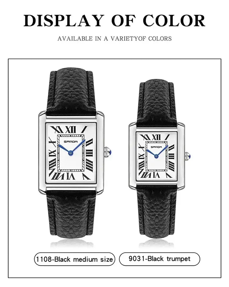 Two SANDA luxury quartz watches for men and women with black leather straps, silver cases and Roman numeral dials