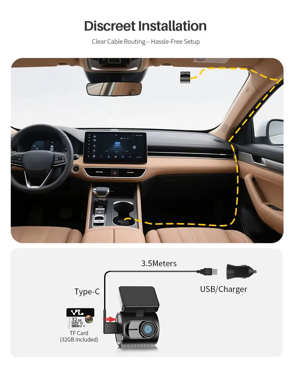 KAWA MINI 3 Gen2 dash cam, black car DVR with 2K video, wifi/app control, night vision; 32GB microSD included.