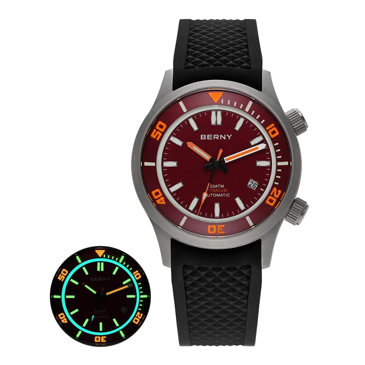 BERNY 20ATM titanium automatic diver watch with maroon dial, orange bezel, luminous markers, and black rubber strap