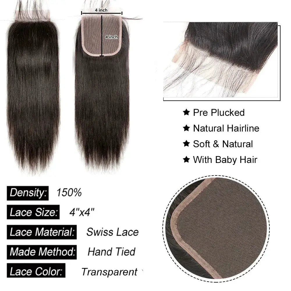 Straight lace closure & lace frontal set by Simples Market, 4x4 closure with 13x4/13x6 frontal, Swiss transparent lace
