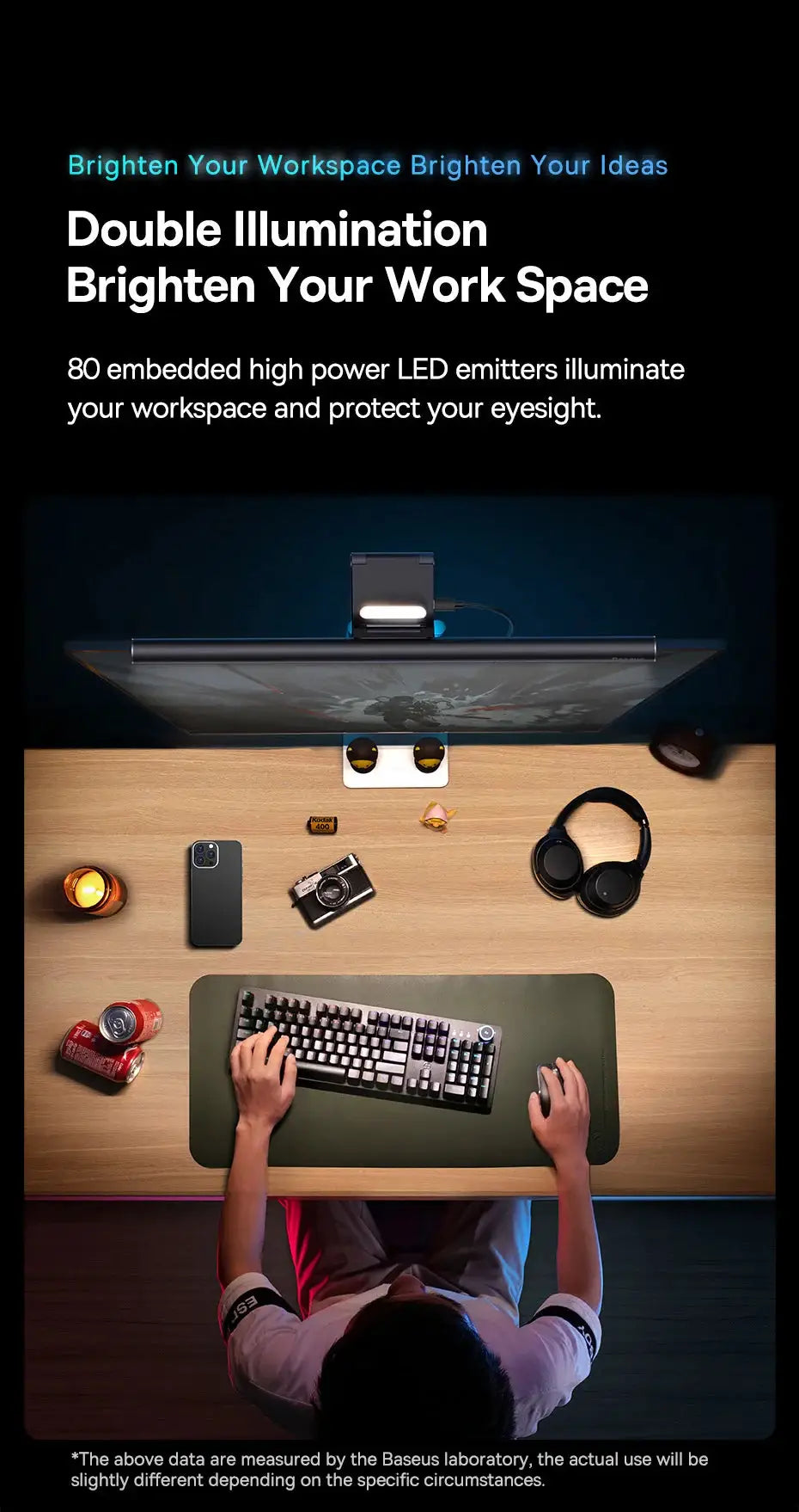 Baseus Screen Light desk lamp mounted on monitor; black USB-powered LED workspace light