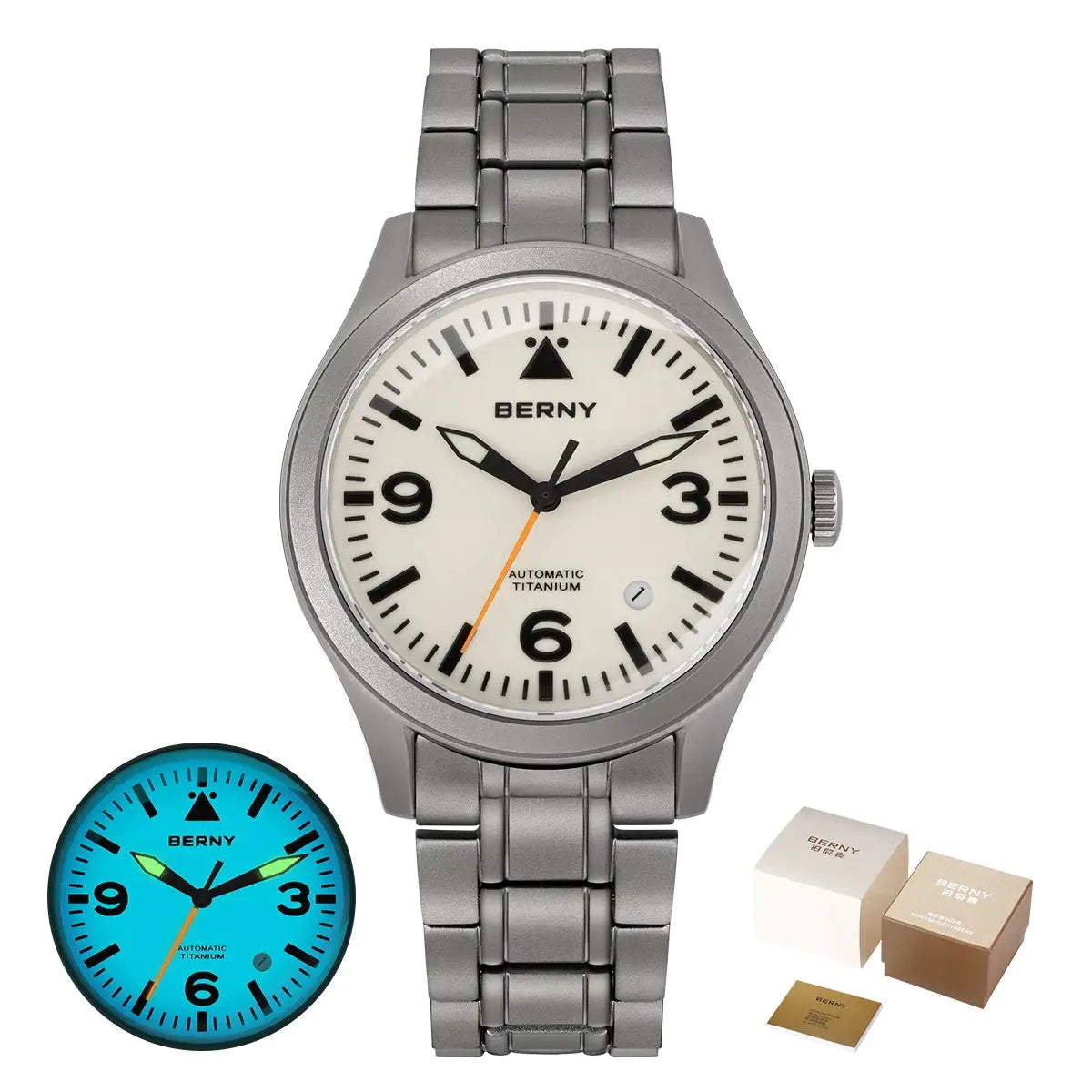 BERNY titanium aviation watch; silver bracelet, white dial, luminous hands, orange second hand; blue-dial variant