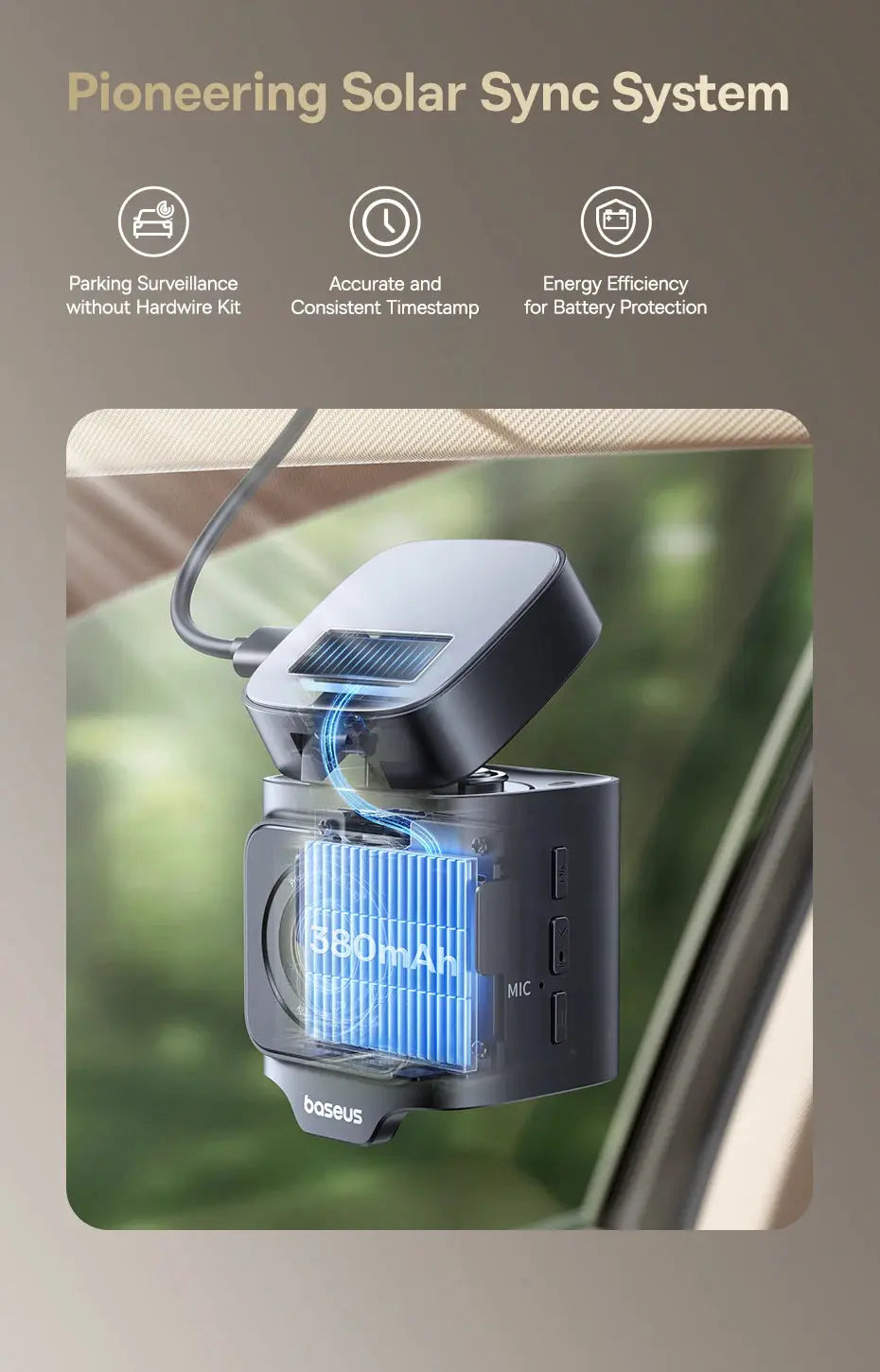 Baseus dash cam mounted on windshield, black car DVR with visible 350mAh battery module