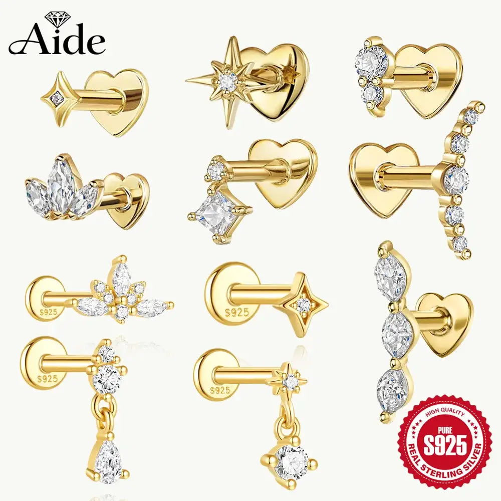 AIDE gold-tone heart and star cubic zirconia stud earring set, 12 pcs, 925 sterling silver, Simples Market