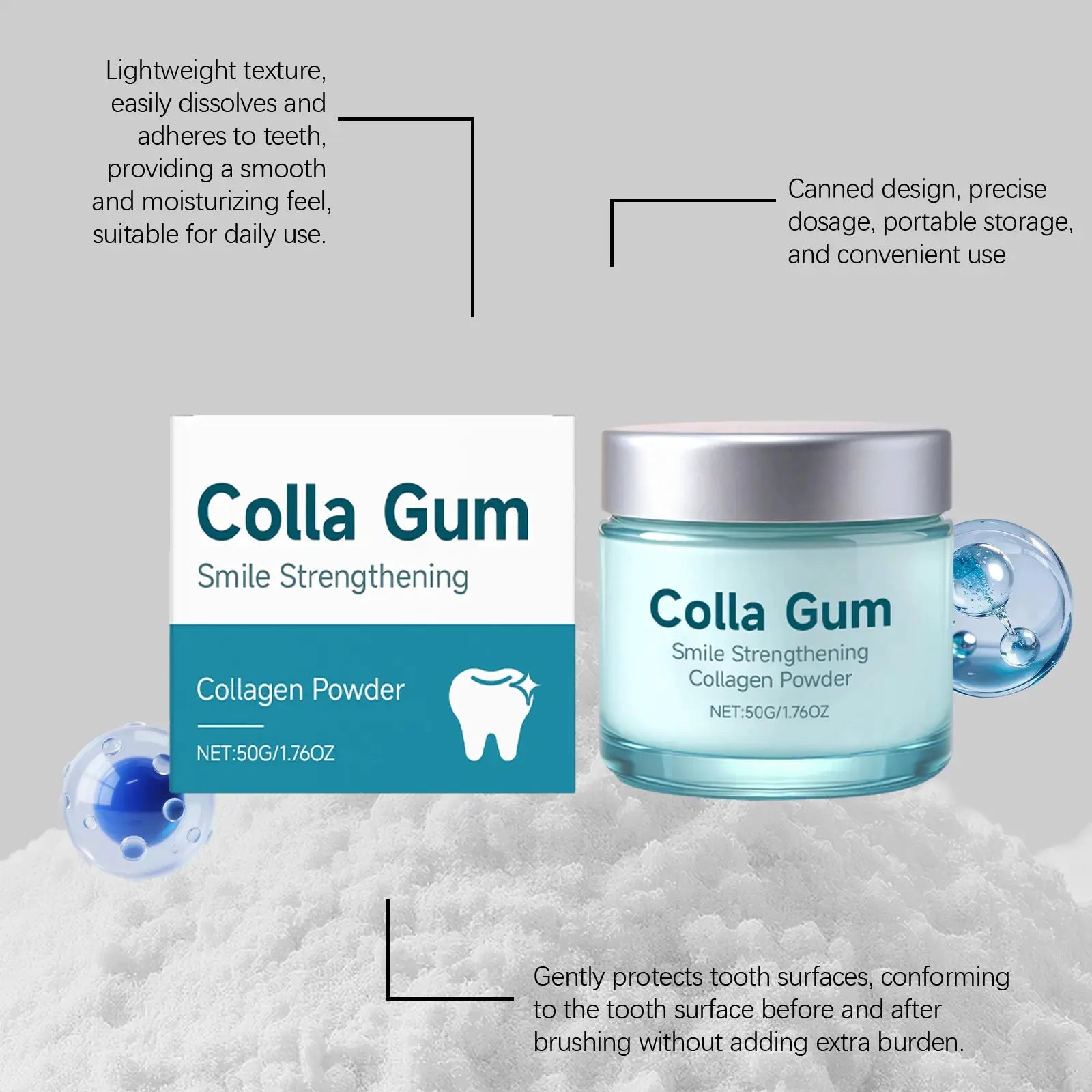 Collagen Whitening Tooth Powder by Simples Market, teal jar and box, 2-piece oral care set