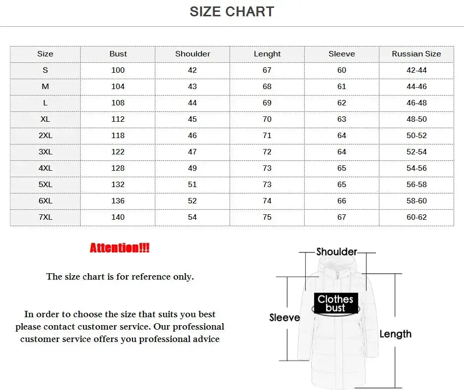 Men's ultralight white duck-down parka by Simples Market size chart with measurements