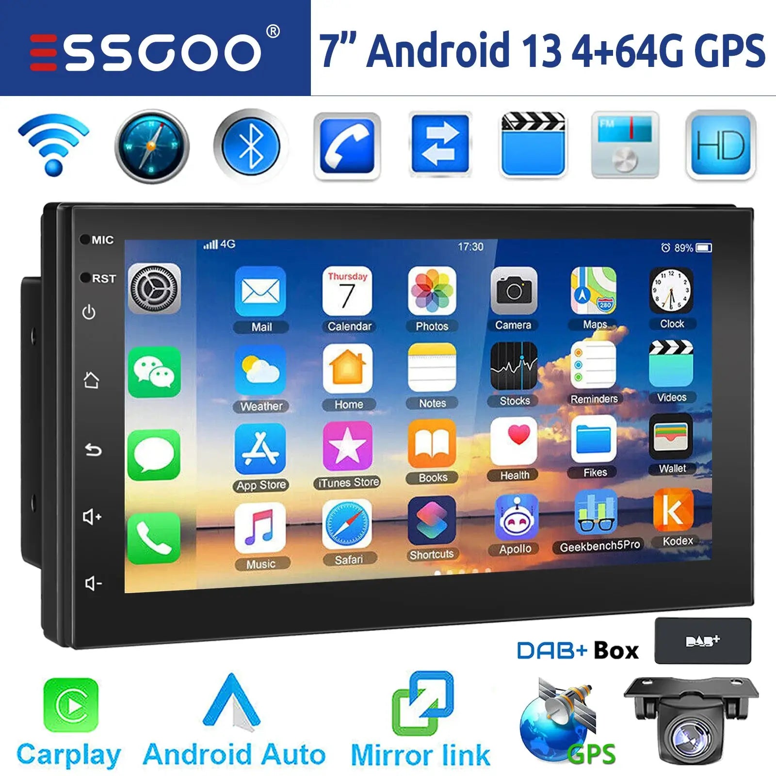 ESSGOO 2-DIN Android car stereo 7/9/10 in touchscreen with CarPlay, Android Auto, GPS, Bluetooth, WiFi