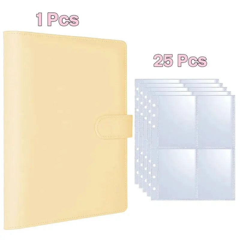 A5 PU leather binder with 6 rings in yellow, shown with 25 clear photo sleeves.