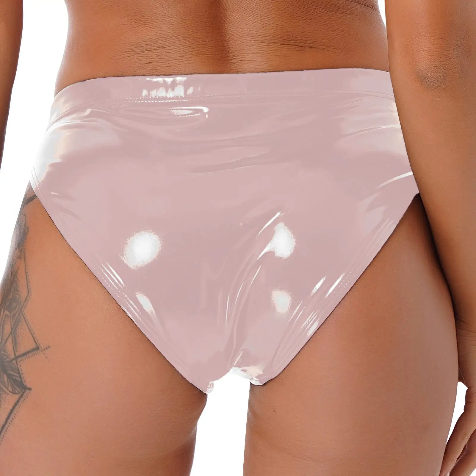 Womens wet-look patent leather briefs in pale pink with a low-rise fit, glossy vinyl underwear