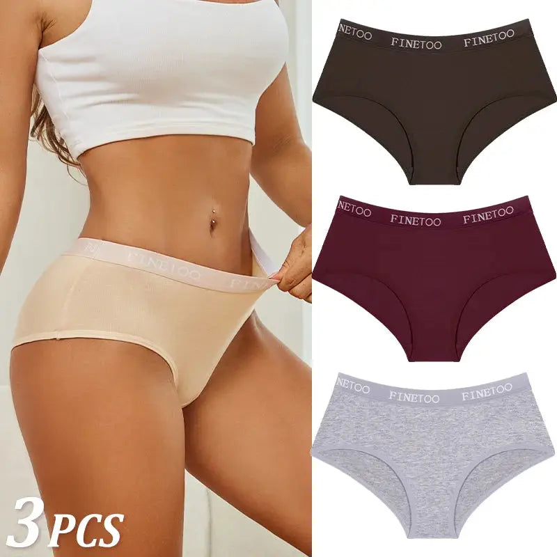 Women's cotton briefs 3-piece set with Finetoo waistband in beige, black, burgundy and gray