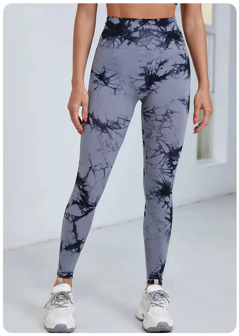 Women's Simples Market tie-dye nine-tenths high-waist leggings, gray/black, soft stretchy workout yoga pants