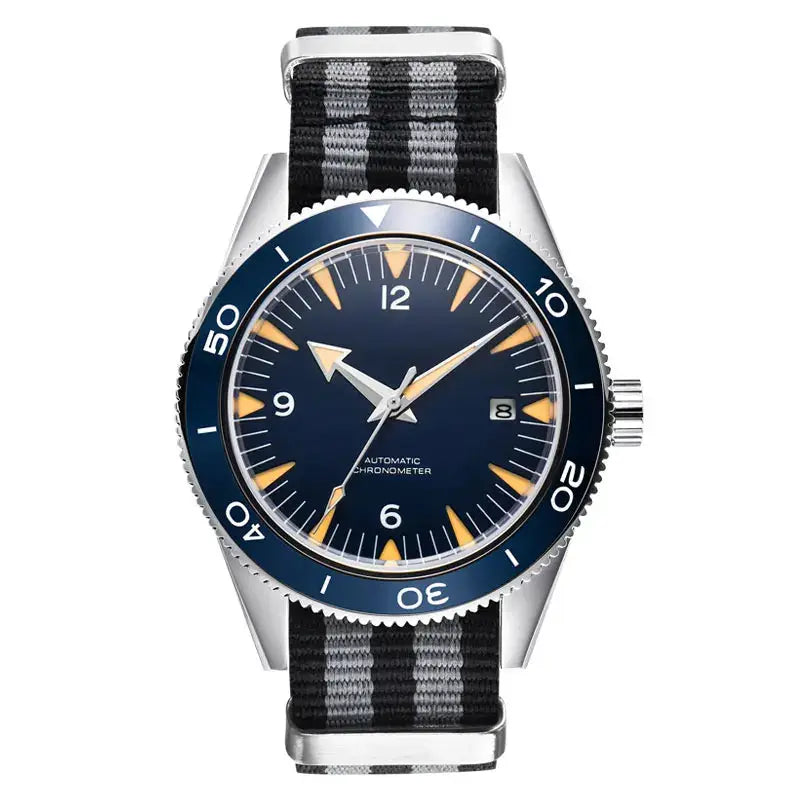 41mm sapphire glass automatic diver watch with blue dial and striped nylon NATO strap