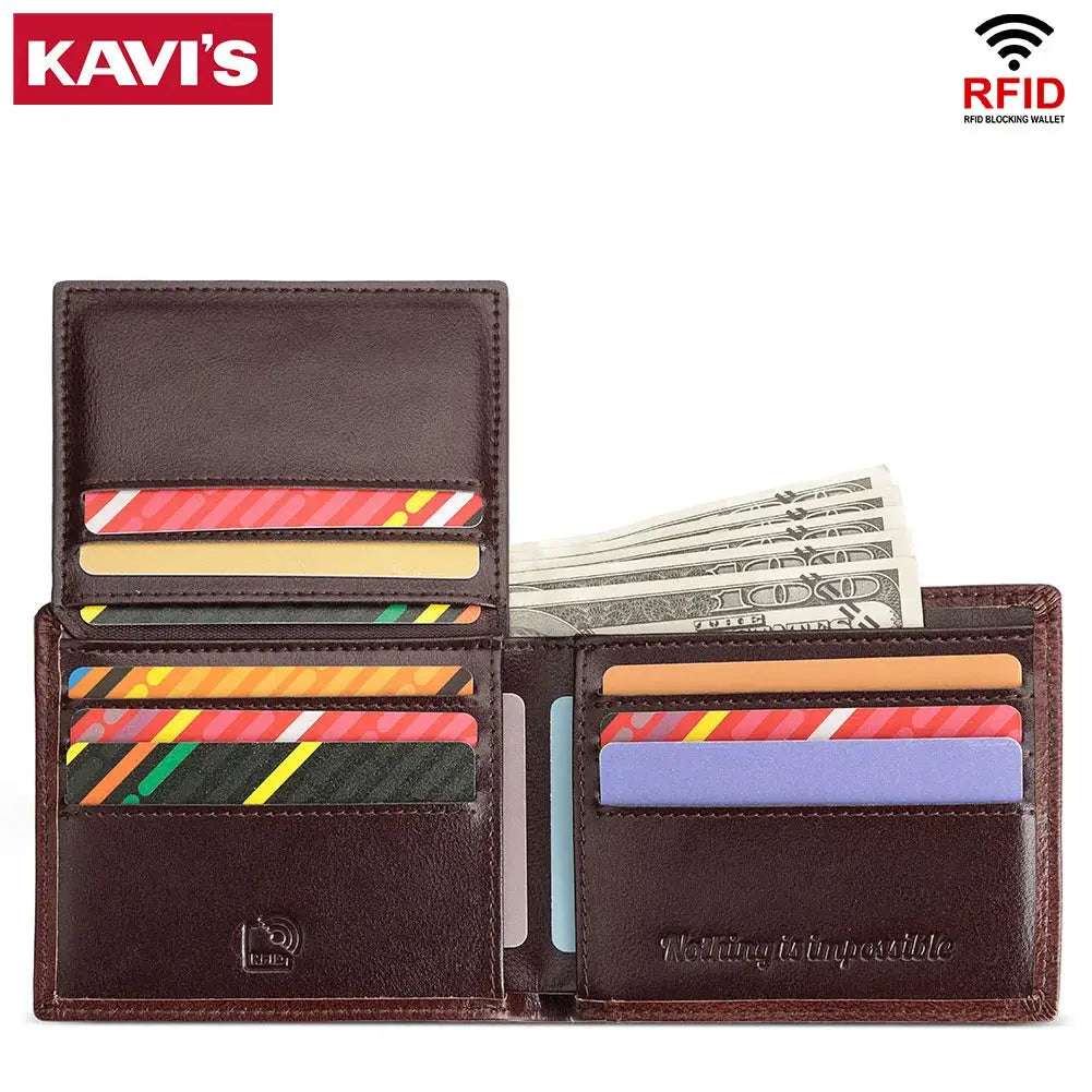 KAVIS handmade men's brown leather RFID wallet with ID window, large capacity card slots and cash compartment